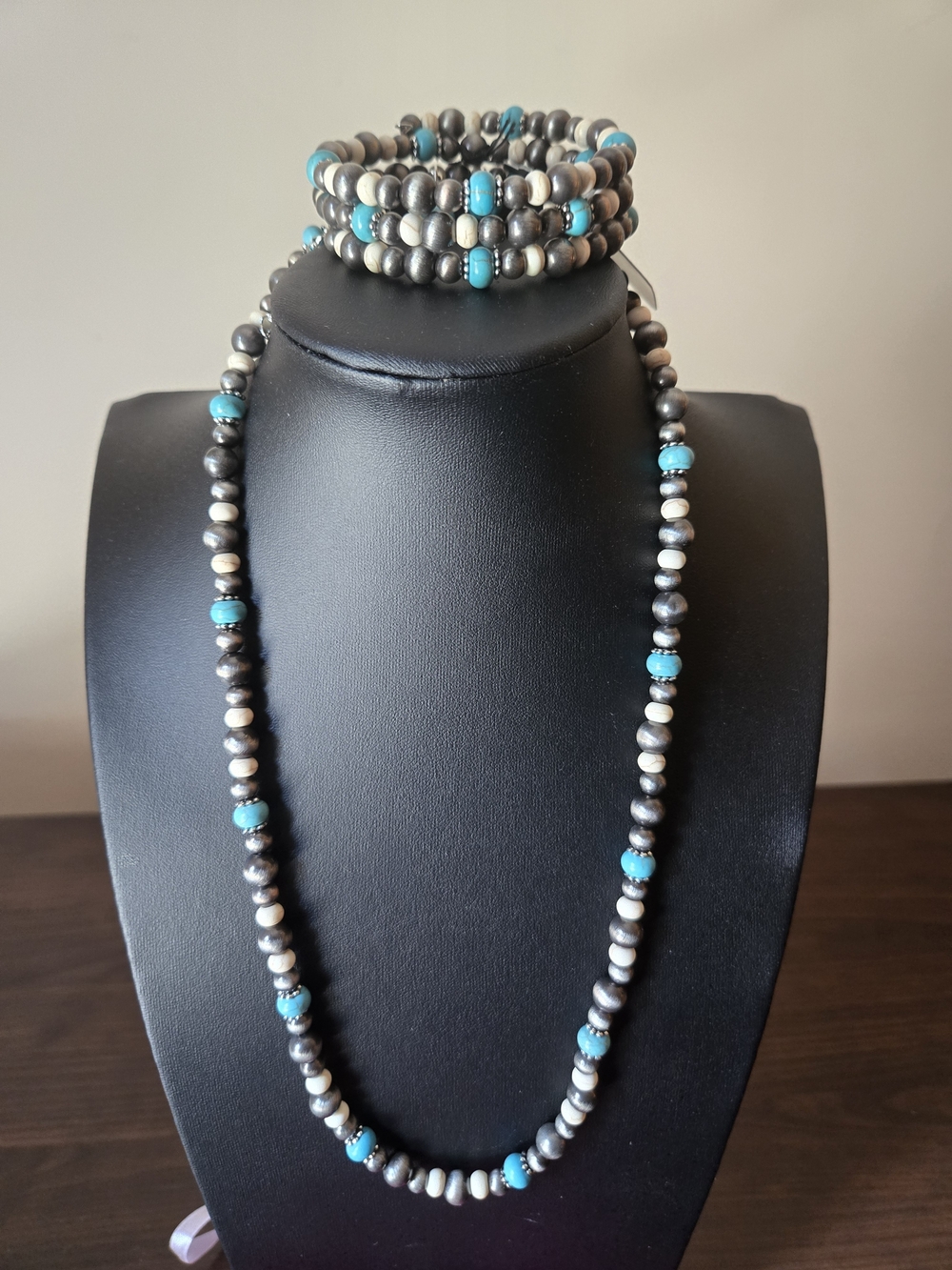 Turquoise Accent Pearl Bead Necklace and Bracelet Set
